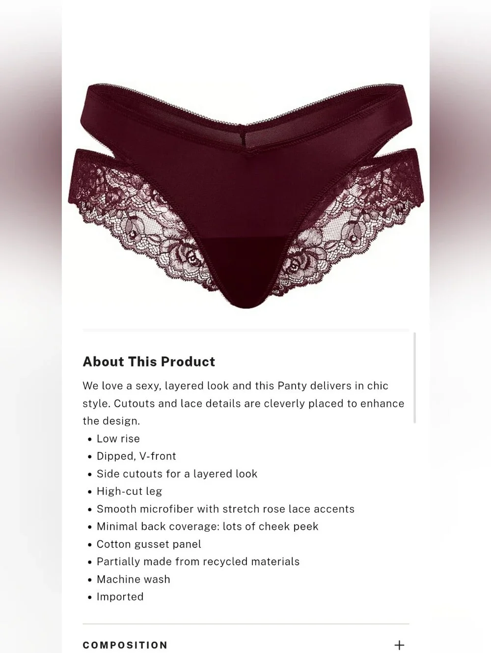 Victoria's Secret Very Sexy Rose Lace-Trim Cut-Out Cheeky Panty MAROON LARGE